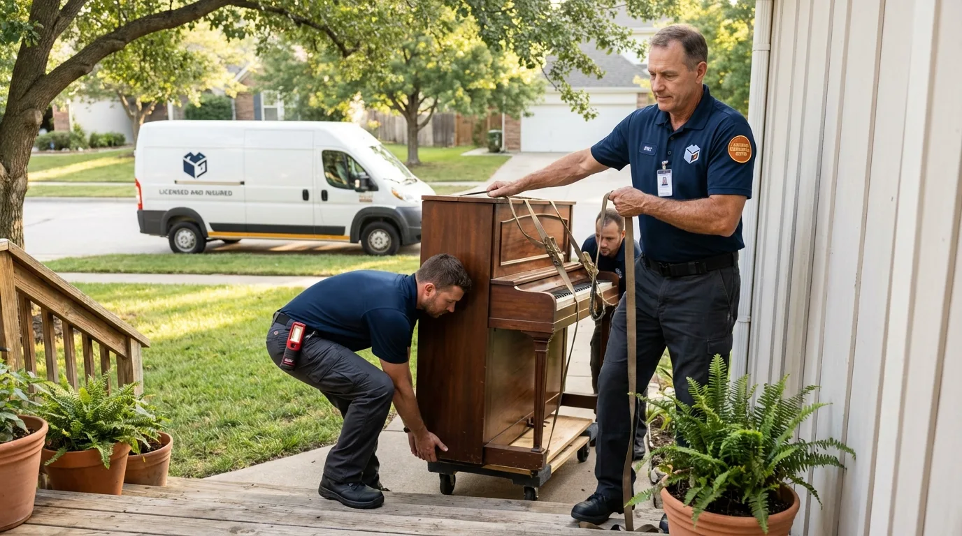 Licensed piano movers securing grand piano in Elverta, CA